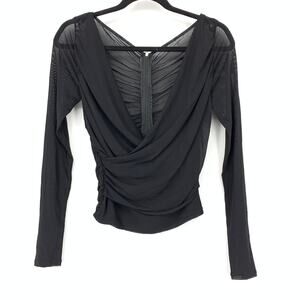 Unbranded Semi Sheer Long Sleeve Wrap Front Top Black Ruched Back Size Small